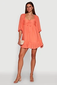 Womens Chic Bubble Sleeve Smocked Back Peasant Dress,