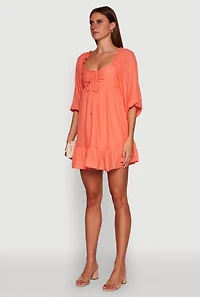 Womens Chic Bubble Sleeve Smocked Back Peasant Dress, Orange,