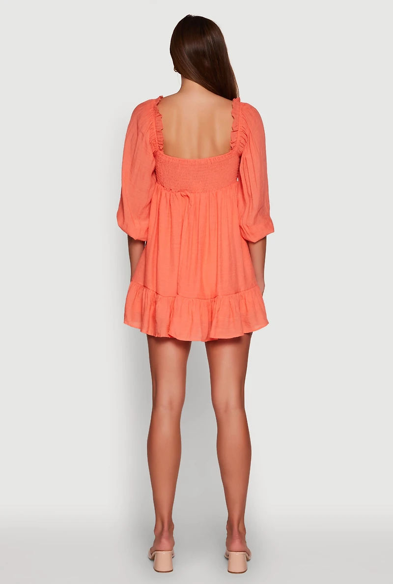 Womens Chic Bubble Sleeve Smocked Back Peasant Dress, Orange,