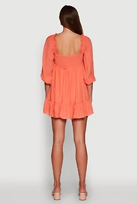 Womens Chic Bubble Sleeve Smocked Back Peasant Dress, Orange,