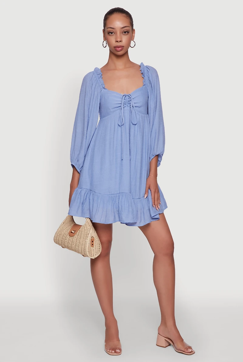 Womens Chic Bubble Sleeve Smocked Back Peasant Dress, Blue, Size S