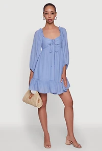 Womens Chic Bubble Sleeve Smocked Back Peasant Dress, Blue, Size S