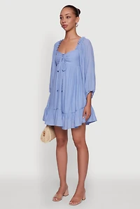 Womens Chic Bubble Sleeve Smocked Back Peasant Dress, Blue, Size S