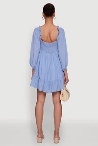 Womens Chic Bubble Sleeve Smocked Back Peasant Dress, Blue, Size S