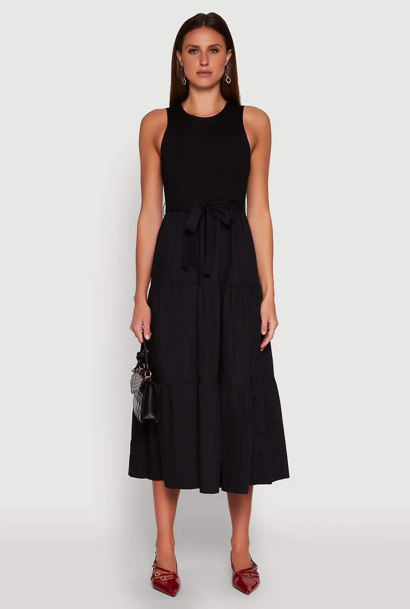 Womens Tie Waist Belted Tiered Maxi Dress, Black,