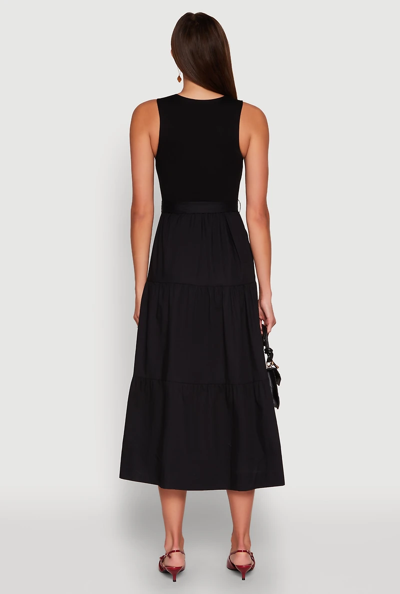 Womens Tie Waist Belted Tiered Maxi Dress, Black,