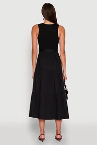 Womens Tie Waist Belted Tiered Maxi Dress, Black,