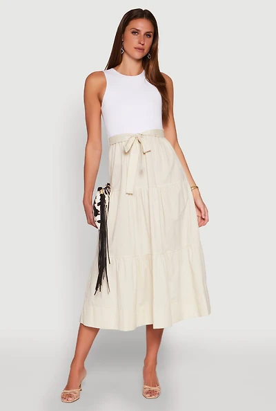 Womens Tie Waist Belted Tiered Maxi Dress,