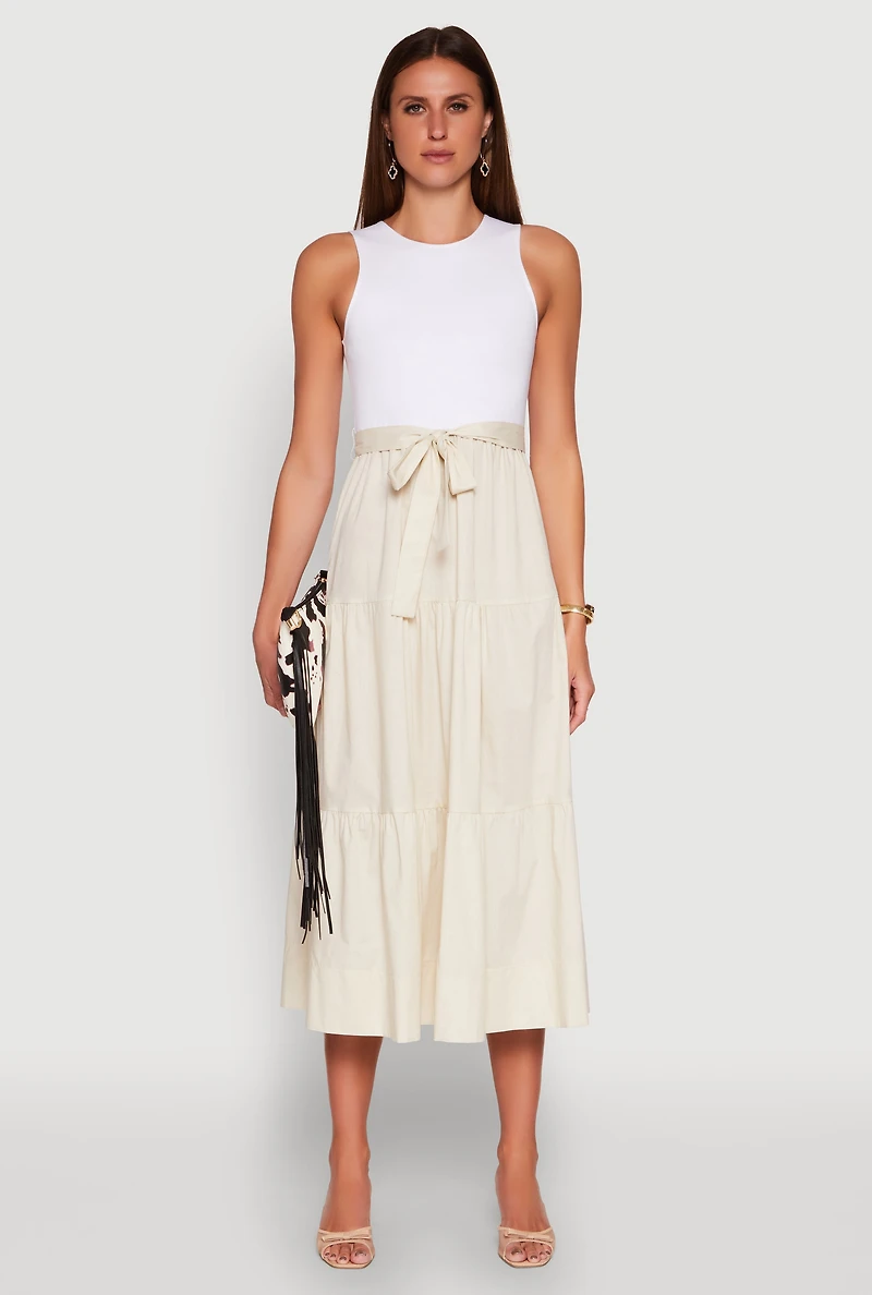 Womens Tie Waist Belted Tiered Maxi Dress, Beige, Size S