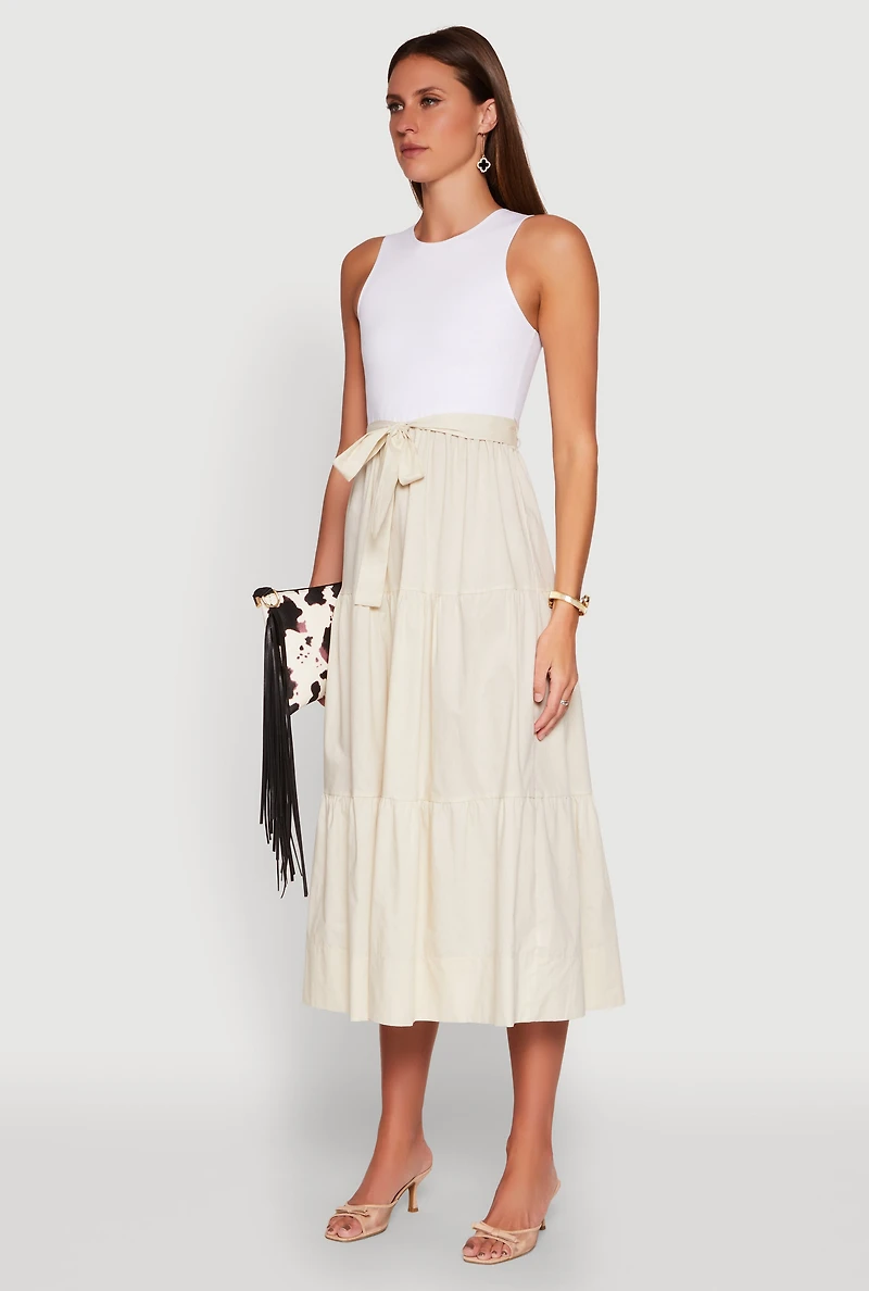 Womens Tie Waist Belted Tiered Maxi Dress, Beige, Size S