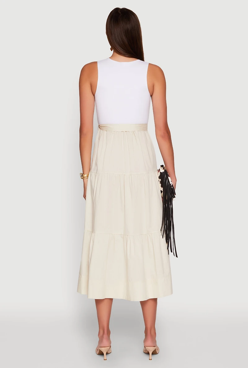 Womens Tie Waist Belted Tiered Maxi Dress, Beige, Size S