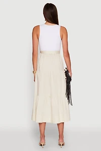 Womens Tie Waist Belted Tiered Maxi Dress, Beige, Size S