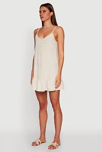 Womens Chic Linen Cami Dress with Flounce Hem and Tie Back, Beige, Size S