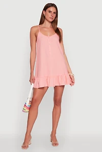 Womens Chic Linen Cami Dress with Flounce Hem and Tie Back, Pink, Size L