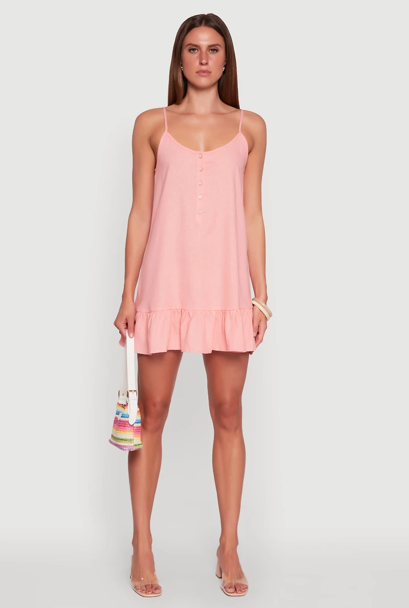 Womens Chic Linen Cami Dress with Flounce Hem and Tie Back, Pink, Size L