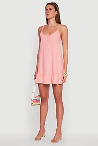 Womens Chic Linen Cami Dress with Flounce Hem and Tie Back, Pink, Size L