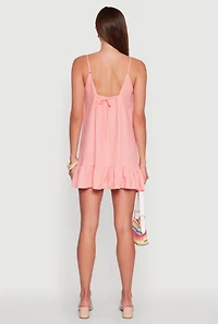 Womens Chic Linen Cami Dress with Flounce Hem and Tie Back, Pink, Size L