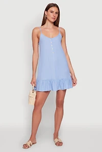 Womens Chic Linen Cami Dress with Flounce Hem and Tie Back, Blue, Size L