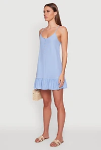 Womens Chic Linen Cami Dress with Flounce Hem and Tie Back, Blue, Size L