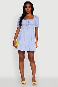 Womens Gingham Puff Sleeve Square Neck Tiered Peasant Dress, Blue, Size L