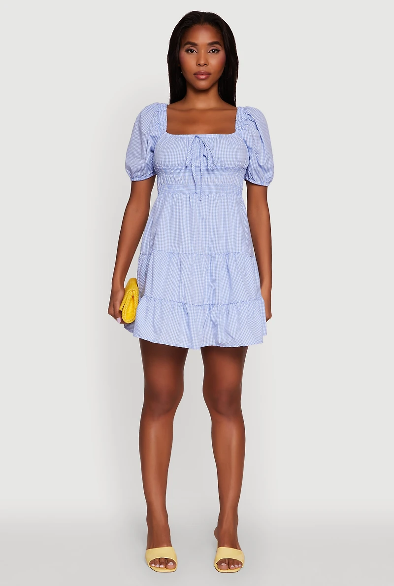 Womens Gingham Puff Sleeve Square Neck Tiered Peasant Dress, Blue, Size M