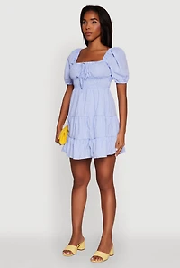 Womens Gingham Puff Sleeve Square Neck Tiered Peasant Dress, Blue, Size L