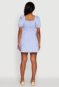 Womens Gingham Puff Sleeve Square Neck Tiered Peasant Dress, Blue, Size L