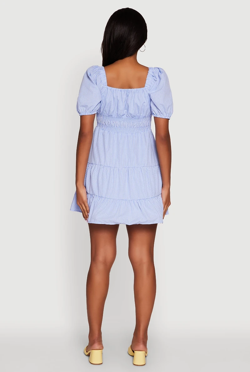 Womens Gingham Puff Sleeve Square Neck Tiered Peasant Dress, Blue, Size M