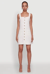 Womens Trendy Linen Button Front Square Neck Dress, White, Size L