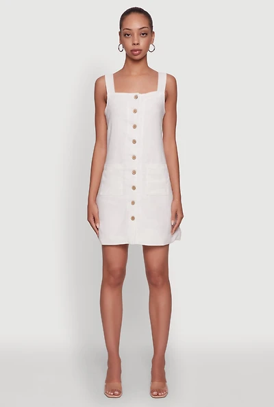 Womens Trendy Linen Button Front Square Neck Dress, White, Size S