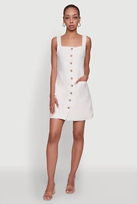 Womens Trendy Linen Button Front Square Neck Dress, White, Size L