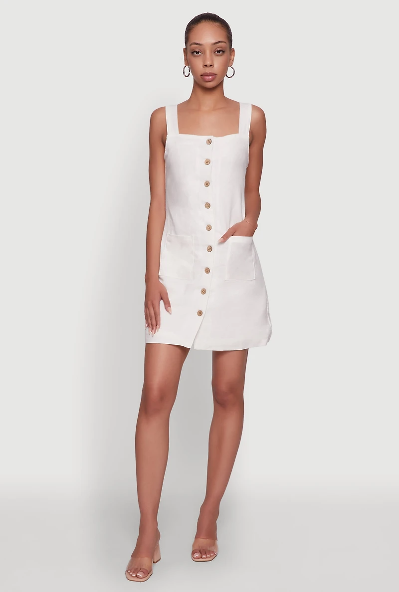 Womens Trendy Linen Button Front Square Neck Dress, White, Size XL