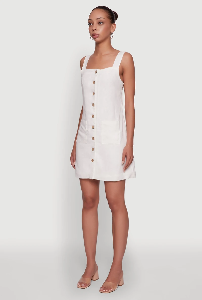 Womens Trendy Linen Button Front Square Neck Dress, White, Size L