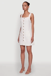 Womens Trendy Linen Button Front Square Neck Dress, White, Size L