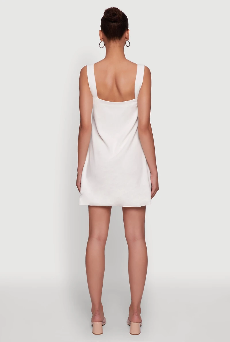 Womens Trendy Linen Button Front Square Neck Dress, White, Size L