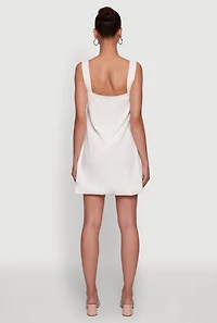Womens Trendy Linen Button Front Square Neck Dress, White, Size L