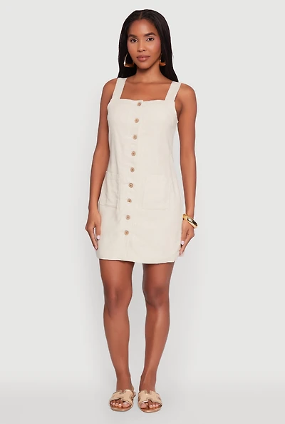 Womens Trendy Linen Button Front Square Neck Dress, Beige, Size L