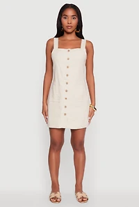 Womens Trendy Linen Button Front Square Neck Dress,