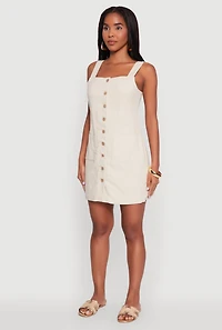 Womens Trendy Linen Button Front Square Neck Dress, Beige, Size L