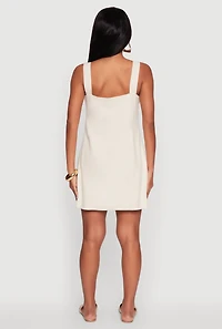 Womens Trendy Linen Button Front Square Neck Dress, Beige, Size L