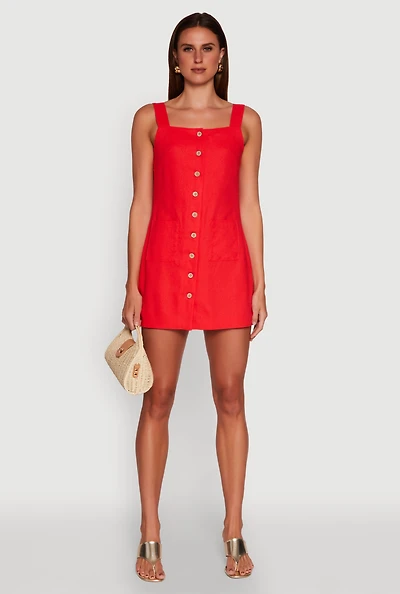 Womens Trendy Linen Button Front Square Neck Dress, Red, Size XL