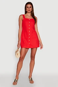 Womens Trendy Linen Button Front Square Neck Dress, Red, Size XL