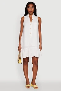 Womens Chic Gauze Knit Button Front Peplum Hem Dress, White, Size M