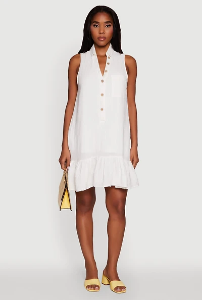 Womens Chic Gauze Knit Button Front Peplum Hem Dress, White,