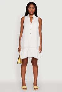 Womens Chic Gauze Knit Button Front Peplum Hem Dress, White, Size S
