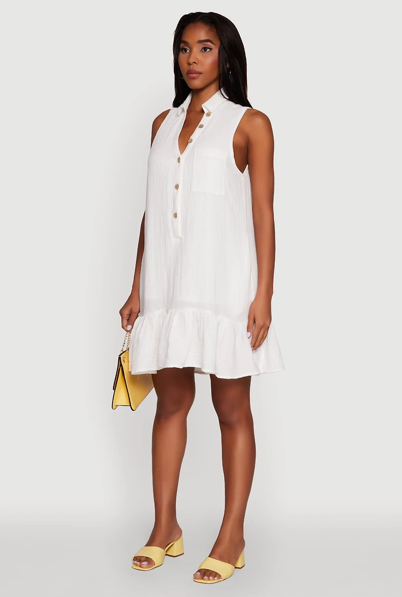 Chic Gauze Knit Button Front Peplum Hem Dress