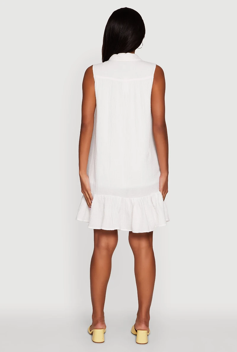 Womens Chic Gauze Knit Button Front Peplum Hem Dress, White, Size M