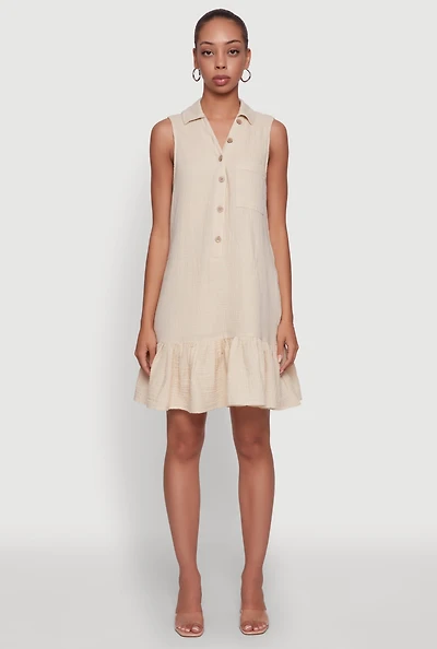 Womens Chic Gauze Knit Button Front Peplum Hem Dress,