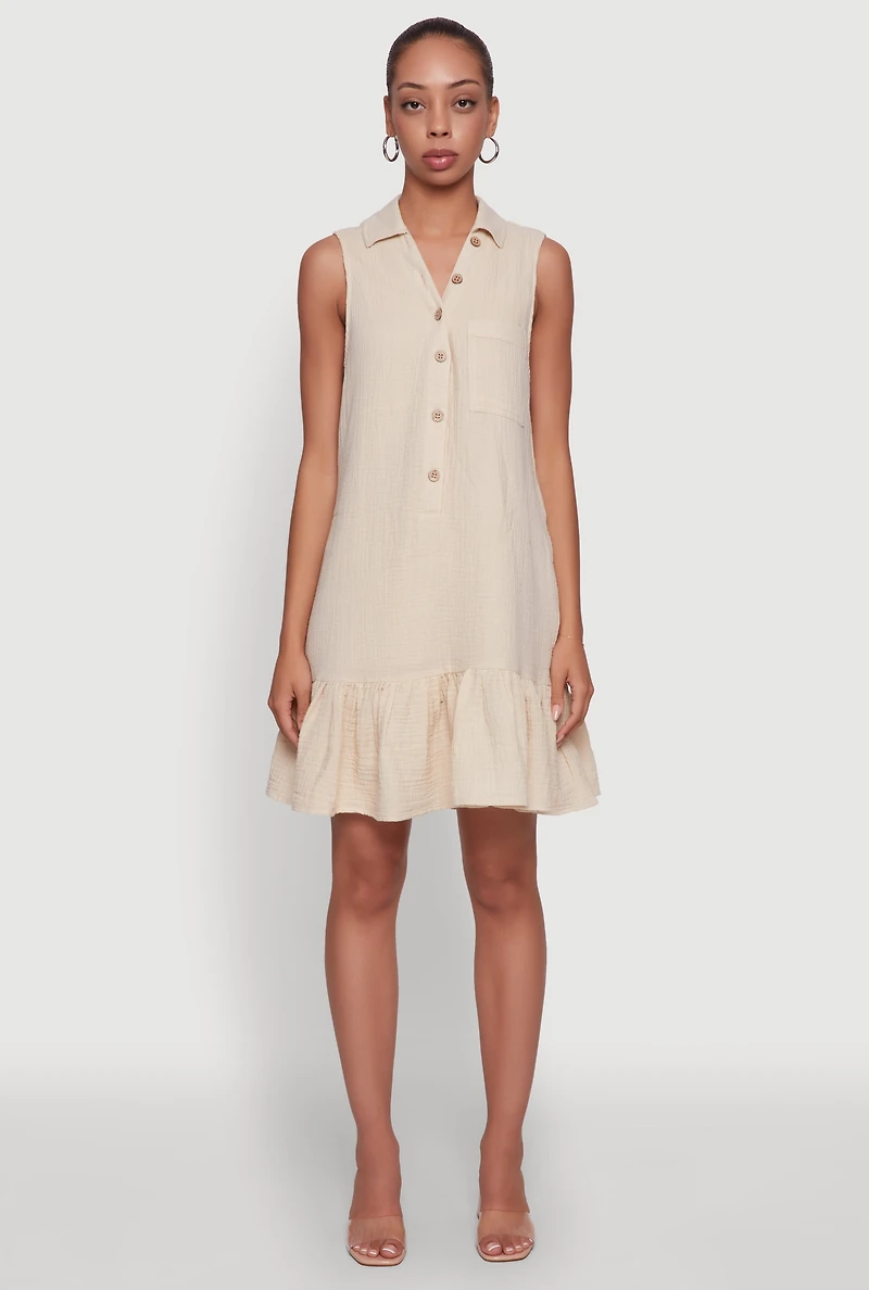 Womens Chic Gauze Knit Button Front Peplum Hem Dress, Beige, Size L