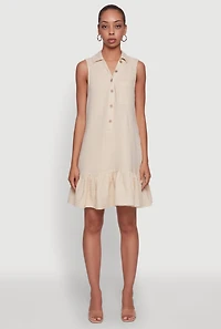 Womens Chic Gauze Knit Button Front Peplum Hem Dress, Beige, Size L
